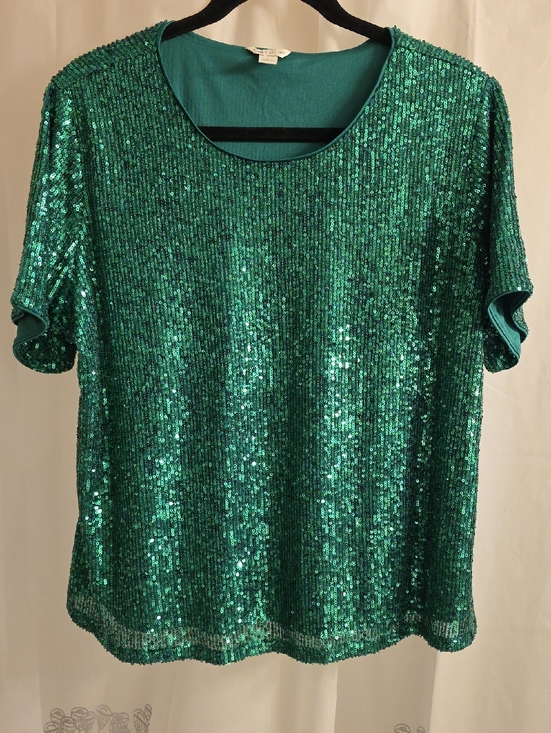 Tops - Green Sequin Short Sleeve Top - Unbranded